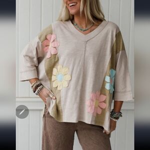 Boutique Floral Patchwork V-Neck Top with Exposed Seam